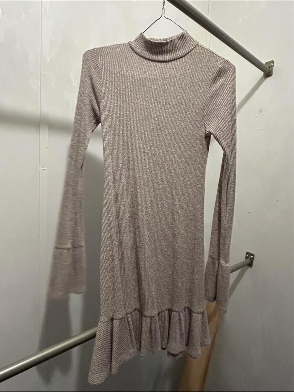 Express Ribbed Mock-Neck Long Sleeve Dress in Taupe